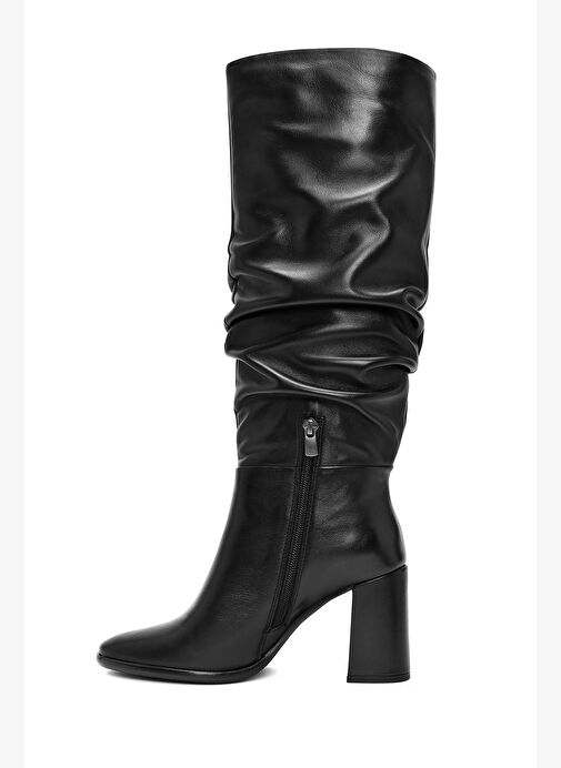 Kadın Siyah Fermuarlı Kalın Topuklu Deri Çizme 25WFD281118 - Görsel 7