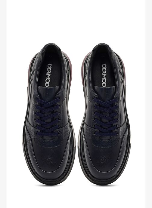 Erkek Lacivert Bağcıklı Kalın Tabanlı Deri Sneaker 25WFD642018 - Görsel 8