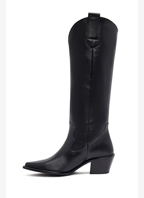 Kadın Siyah Kalın Topuklu Deri Kovboy Çizme 25AFD152918 - Görsel 5