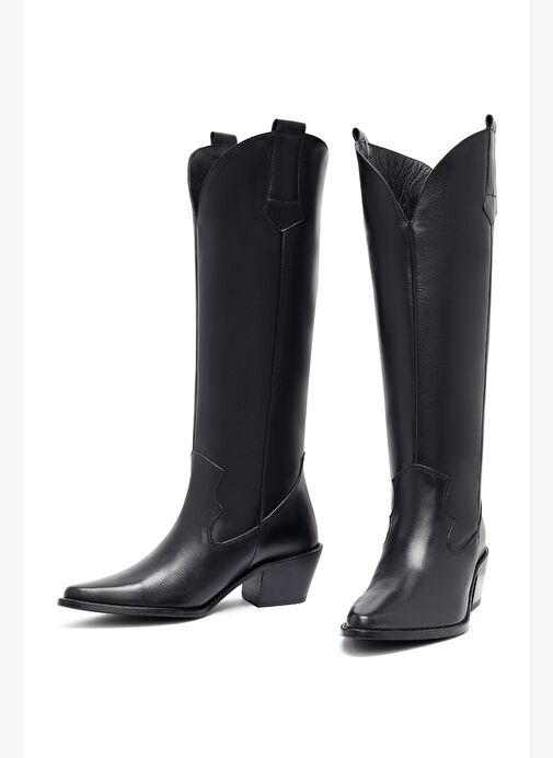 Kadın Siyah Kalın Topuklu Deri Kovboy Çizme 25AFD152918 - Görsel 4