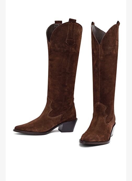 Kadın Kahverengi Kalın Topuklu Süet Deri Kovboy Çizme 25AFD152910 - Görsel 4