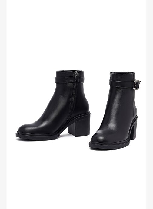 Kadın Siyah Fermuarlı Kalın Topuklu Deri Bot 25WFD153318 - Görsel 4