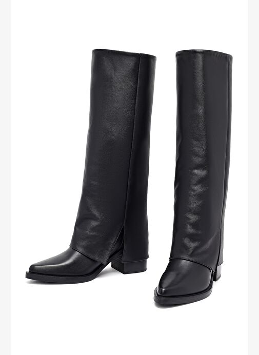 Kadın Siyah Kalın Topuklu Deri Çizme 25WFD153918 - Görsel 4