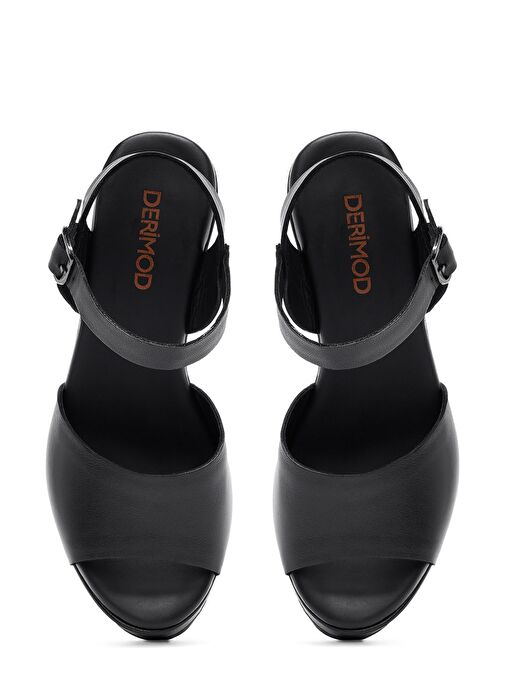Kadın Siyah Bilekten Tokalı Yüksek Dolgu Topuklu Deri Sandalet 25SFD141118 - Görsel 9