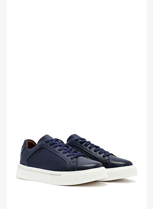 Erkek Lacivert Bağcıklı Kalın Tabanlı Deri Sneaker 25WFD685218 - Görsel 4