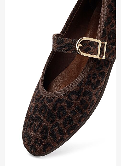 Kadın Kahverengi Leopar Desenli Tokalı Süet Deri Babet 25AFD201510 - Görsel 7