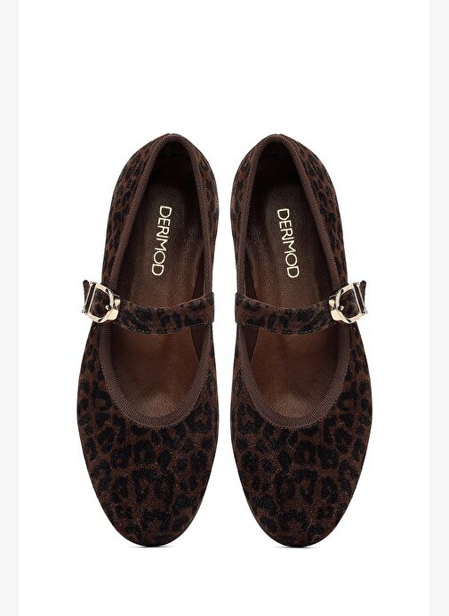 Kadın Kahverengi Leopar Desenli Tokalı Süet Deri Babet 25AFD201510 - Görsel 6