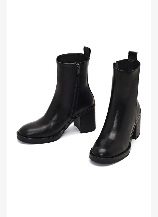 Kadın Siyah Fermuarlı Kalın Topuklu Deri Bot 25WFD203018 - Görsel 4