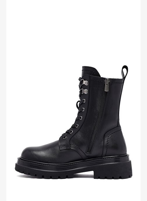 Kadın Siyah Fermuarlı Bağcıklı Kalın Tabanlı Deri Postal Bot 25WFD202118 - Görsel 3