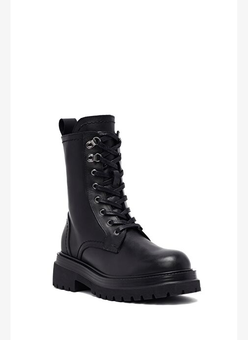 Kadın Siyah Fermuarlı Bağcıklı Kalın Tabanlı Deri Postal Bot 25WFD202118 - Görsel 8