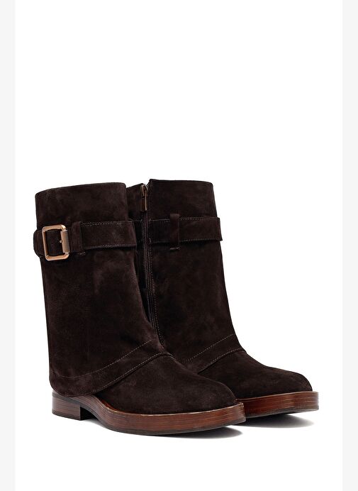 Kadın Kahverengi Fermuarlı Süet Deri Biker Bot 25WFD202610 - Görsel 5