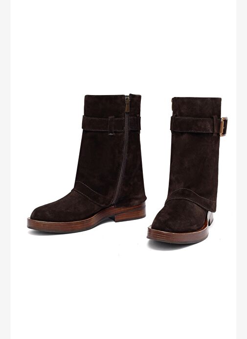 Kadın Kahverengi Fermuarlı Süet Deri Biker Bot 25WFD202610 - Görsel 4