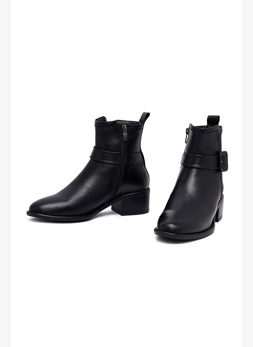 Kadın Siyah Fermuarlı Kısa Kalın Topuklu Deri Bot 25WFD202818 - Görsel 4