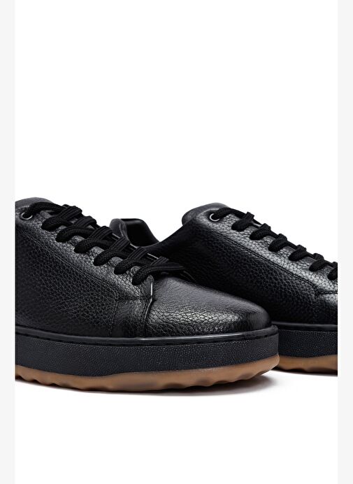 Erkek Siyah Bağcıklı Kalın Tabanlı Deri Sneaker 25WFD7602FT - Görsel 9