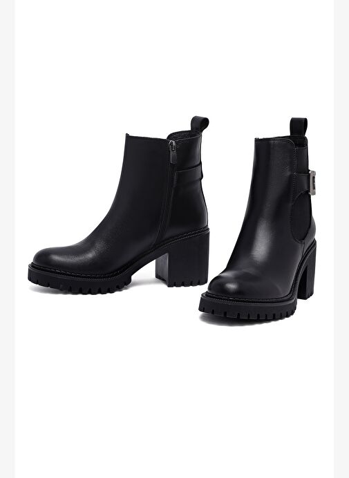 Kadın Siyah Fermuarlı Kalın Topuklu Deri Bot 25WFD203418 - Görsel 4