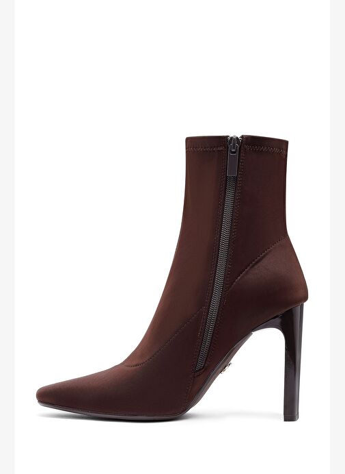 Kadın Kahverengi Fermuarlı Yüksek Kalın Topuklu Kumaş Bot 25AFD44046F - Görsel 5