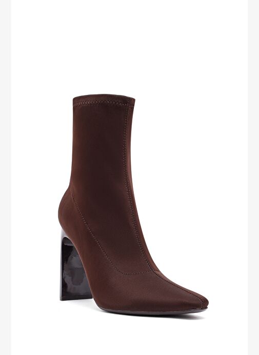 Kadın Kahverengi Fermuarlı Yüksek Kalın Topuklu Kumaş Bot 25AFD44046F - Görsel 9