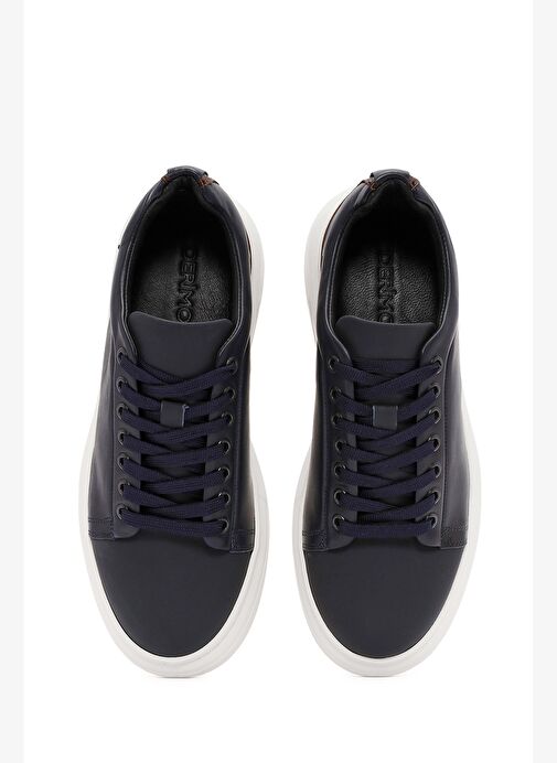 Erkek Lacivert Bağcıklı Kalın Tabanlı Deri Sneaker 25WFD611318 - Görsel 8