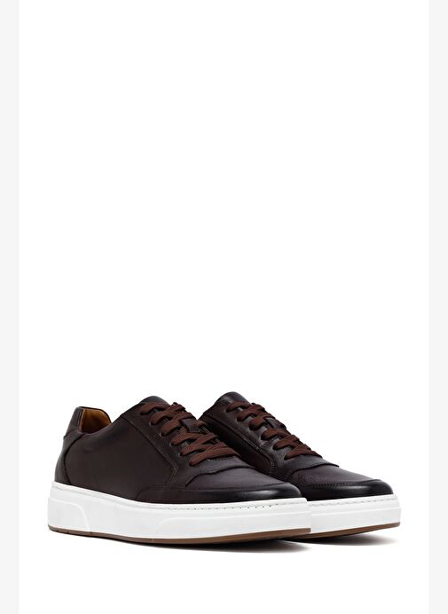 Erkek Kahverengi Bağcıklı Kalın Tabanlı Deri Sneaker 25WFD610618 - Görsel 4