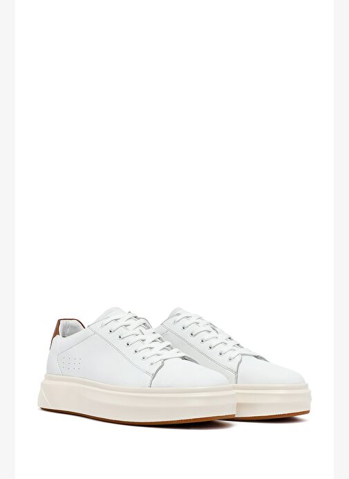 Erkek Beyaz Bağcıklı Kalın Tabanlı Deri Sneaker 25WFD611618 - Görsel 4