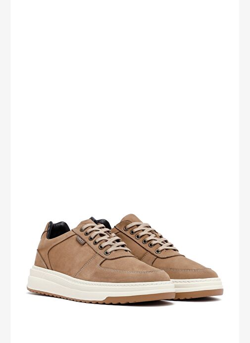 Erkek Bej Bağcıklı Kalın Tabanlı Nubuk Deri Sneaker 25WFD6601V3 - Görsel 4