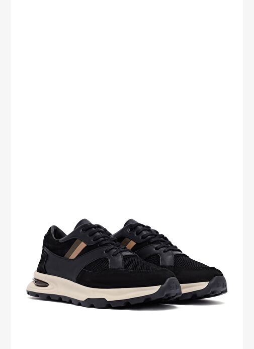Erkek Siyah Bağcıklı Kalın Tabanlı Deri Sneaker 25WFD660414 - Görsel 4