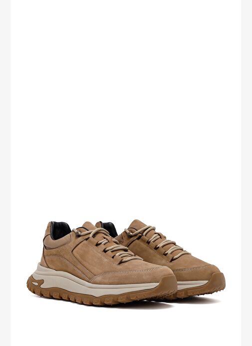 Erkek Bej Bağcıklı Kalın Tabanlı Nubuk Deri Casual Sneaker 25WFD6605V3 - Görsel 4