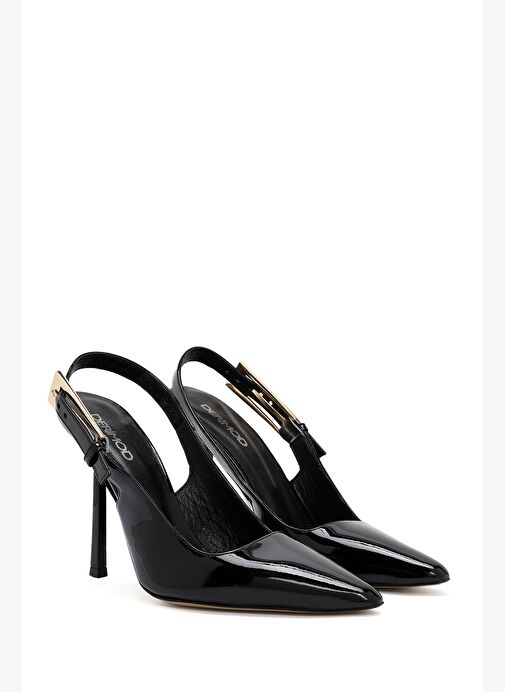 Kadın Siyah Arkası Açık Yüksek İnce Topuklu Rugan Deri Ayakkabı 25AFD120316 - Görsel 4