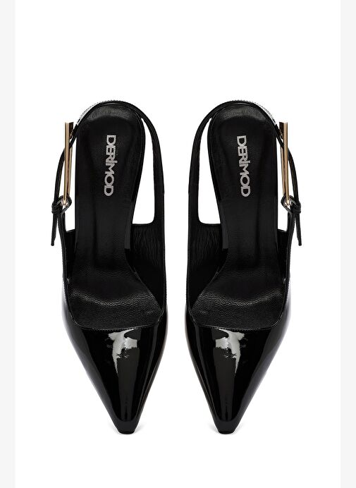 Kadın Siyah Arkası Açık Yüksek İnce Topuklu Rugan Deri Ayakkabı 25AFD120316 - Görsel 9