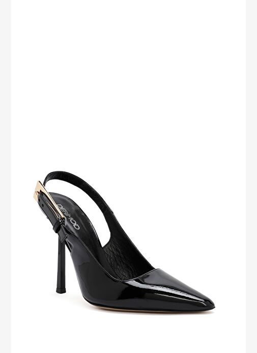 Kadın Siyah Arkası Açık Yüksek İnce Topuklu Rugan Deri Ayakkabı 25AFD120316 - Görsel 8