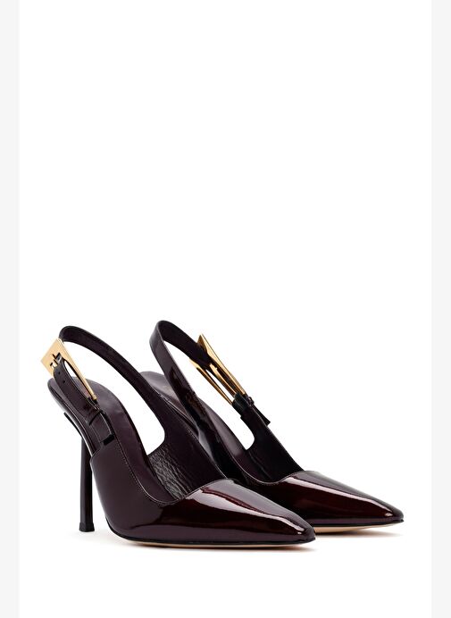 Kadın Bordo Arkası Açık Yüksek İnce Topuklu Rugan Deri Ayakkabı 25AFD120316 - Görsel 4