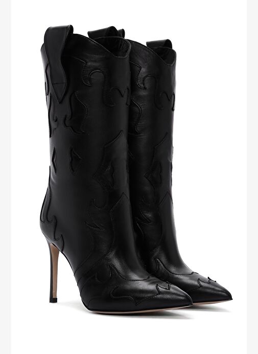 Kadın Siyah Desenli İnce Topuklu Deri Çizme 25WFD120418 - Görsel 7
