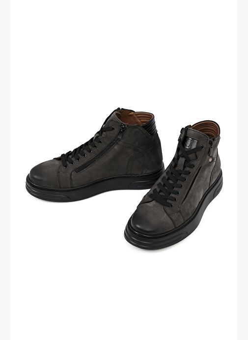 Erkek Gri Çift Fermuarlı Kalın Tabanlı Nubuk Deri Spor Bot 25WFD6051V3 - Görsel 4