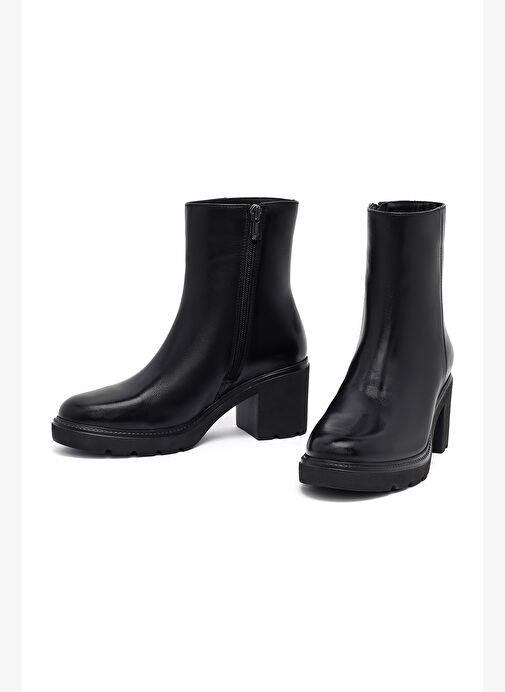 Kadın Siyah Fermuarlı Kalın Topuklu Deri Bot 25WFD281618 - Görsel 4