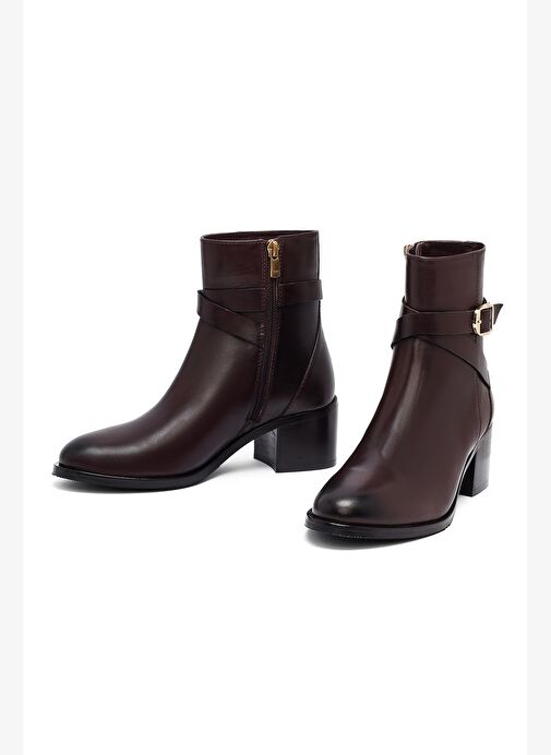 Kadın Kahverengi Fermuarlı Kalın Topuklu Deri Bot 25WFD281518 - Görsel 4