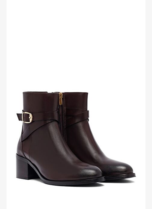 Kadın Kahverengi Fermuarlı Kalın Topuklu Deri Bot 25WFD281518 - Görsel 5