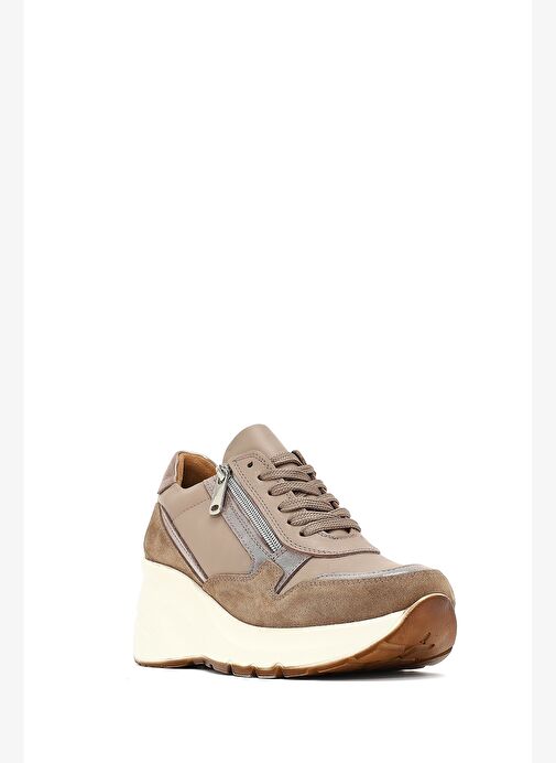 Kadın Vizon Bağcıklı Fermuar Detaylı Dolgu Topuklu Deri Sneaker 25AFD370514 - Görsel 5