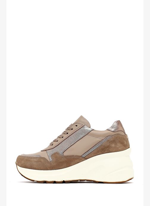 Kadın Vizon Bağcıklı Fermuar Detaylı Dolgu Topuklu Deri Sneaker 25AFD370514 - Görsel 3