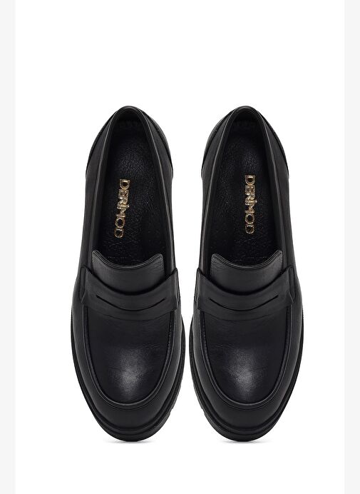 Kadın Siyah Kalın Topuklu Deri Maskülen Loafer 25AFD340018 - Görsel 9