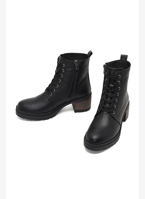 Kadın Siyah Fermuarlı Kalın Topuklu Deri Postal Bot 25WFD3403FT - Görsel 4