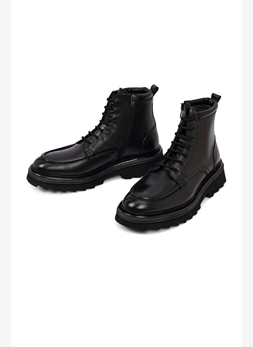 Erkek Siyah Fermuarlı Kalın Tabanlı Deri Bot 25WFD828318 - Görsel 4
