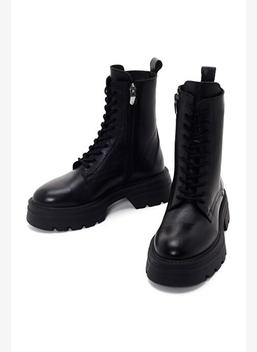 Kadın Siyah Fermuarlı Kalın Tabanlı Deri Postal Bot 25WFD550218 - Görsel 4