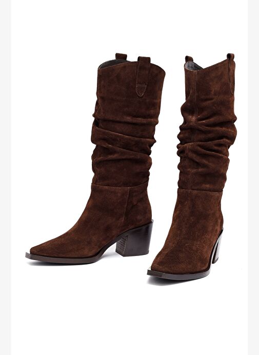 Kadın Kahverengi Kalın Topuklu Süet Deri Kovboy Çizme 25WFD153810 - Görsel 4