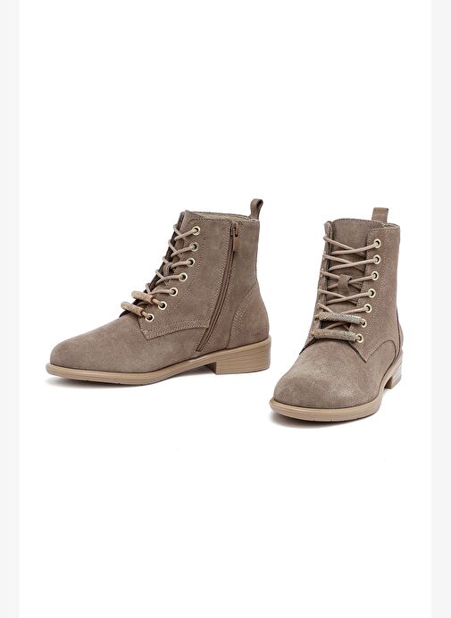 Kadın Bej Bağcıklı Fermuarlı Süet Deri Bot 25WFD420110 - Görsel 4