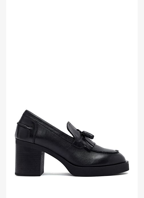 Kadın Siyah Kalın Topuklu Deri Maskülen Loafer 25AFD510618 - Görsel 2