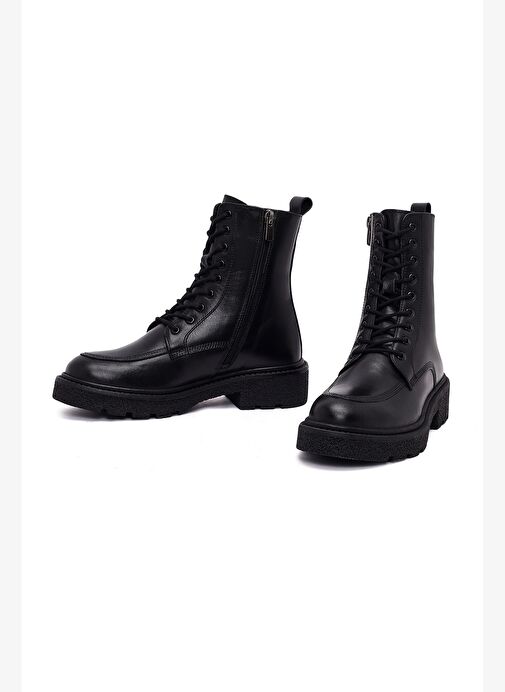 Kadın Siyah Fermuarlı Kalın Tabanlı Deri Postal Bot 25WFD511518 - Görsel 2