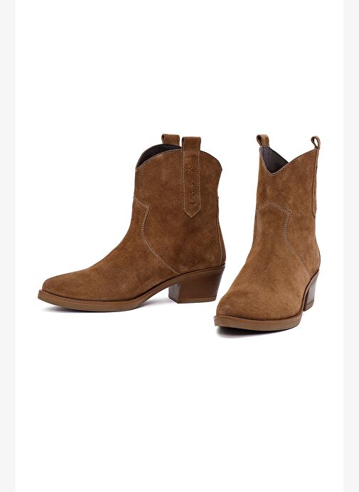 Kadın Camel Kısa Kalın Topuklu Süet Deri Kovboy Bot 25WFD511710 - Görsel 4