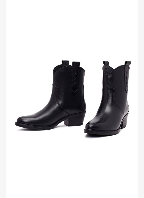 Kadın Siyah Kalın Topuklu Deri Kovboy Bot 25WFD511718 - Görsel 4