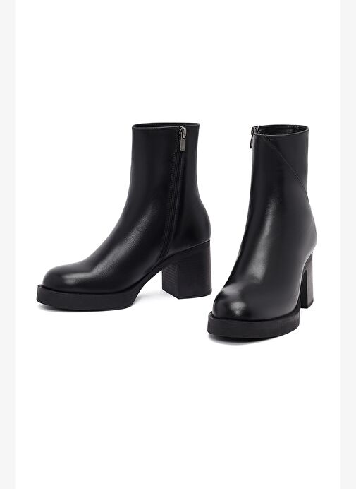 Kadın Siyah Fermuarlı Kalın Topuklu Deri Bot 25WFD512218 - Görsel 4