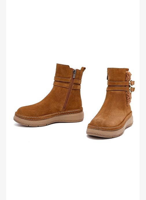 Kadın Taba Fermuarlı Süet Deri Teddy Bot 25WFD131910 - Görsel 4